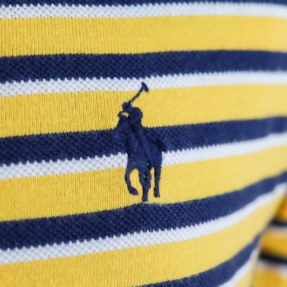 Polo Ralph Lauren Polo Shirt Mens L Yellow Navy Blue White Striped Cotton Pique - Picture 7 of 10